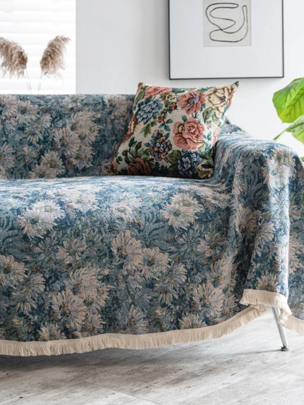 71x90 Slashop Floral Blue Slipcover Throw with Fringe